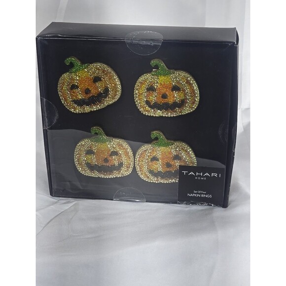 Tahari Set Of 4 Napkin Rings Beaded Jack-O-Lanterns Halloween/Fall Decor New - Picture 1 of 5